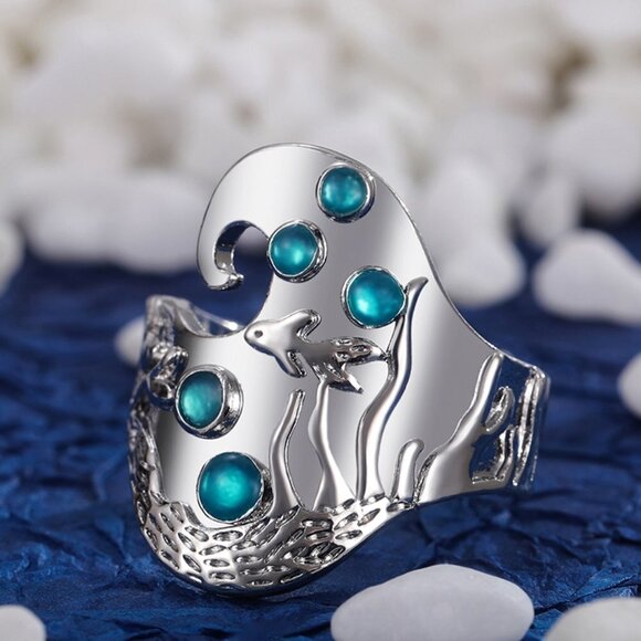 💝"925 Silver Plated Creative Vintage Fish PatternSeaBlue Gemstone RingUNVN12479 - Picture 1 of 3